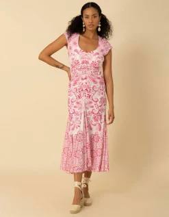 Bedrucktes Midi-Kleid mit Raffung