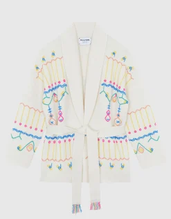 Bestickter Kaschmir-Cardigan mit Bindegürtel