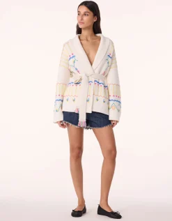 Bestickter Kaschmir-Cardigan mit Bindegürtel