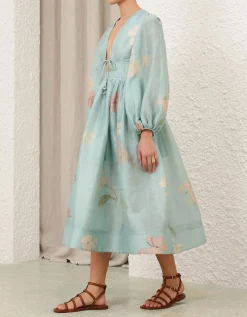 Besticktes Leinen-Seiden-Mix Kleid Illuminate Drawn Billow