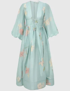 Besticktes Leinen-Seiden-Mix Kleid Illuminate Drawn Billow