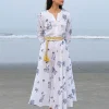 Besticktes Midi-Leinen-Kleid Azurite