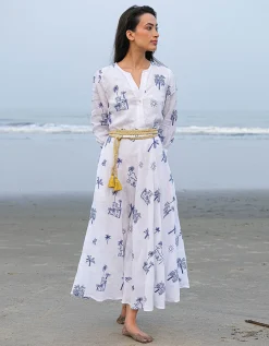 Besticktes Midi-Leinen-Kleid Azurite