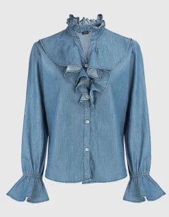 Denim-Bluse mit Volants