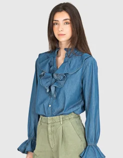 Denim-Bluse mit Volants