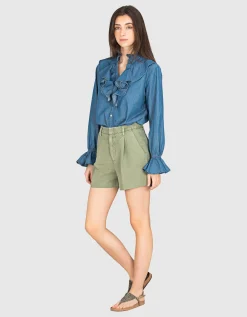 Denim-Bluse mit Volants
