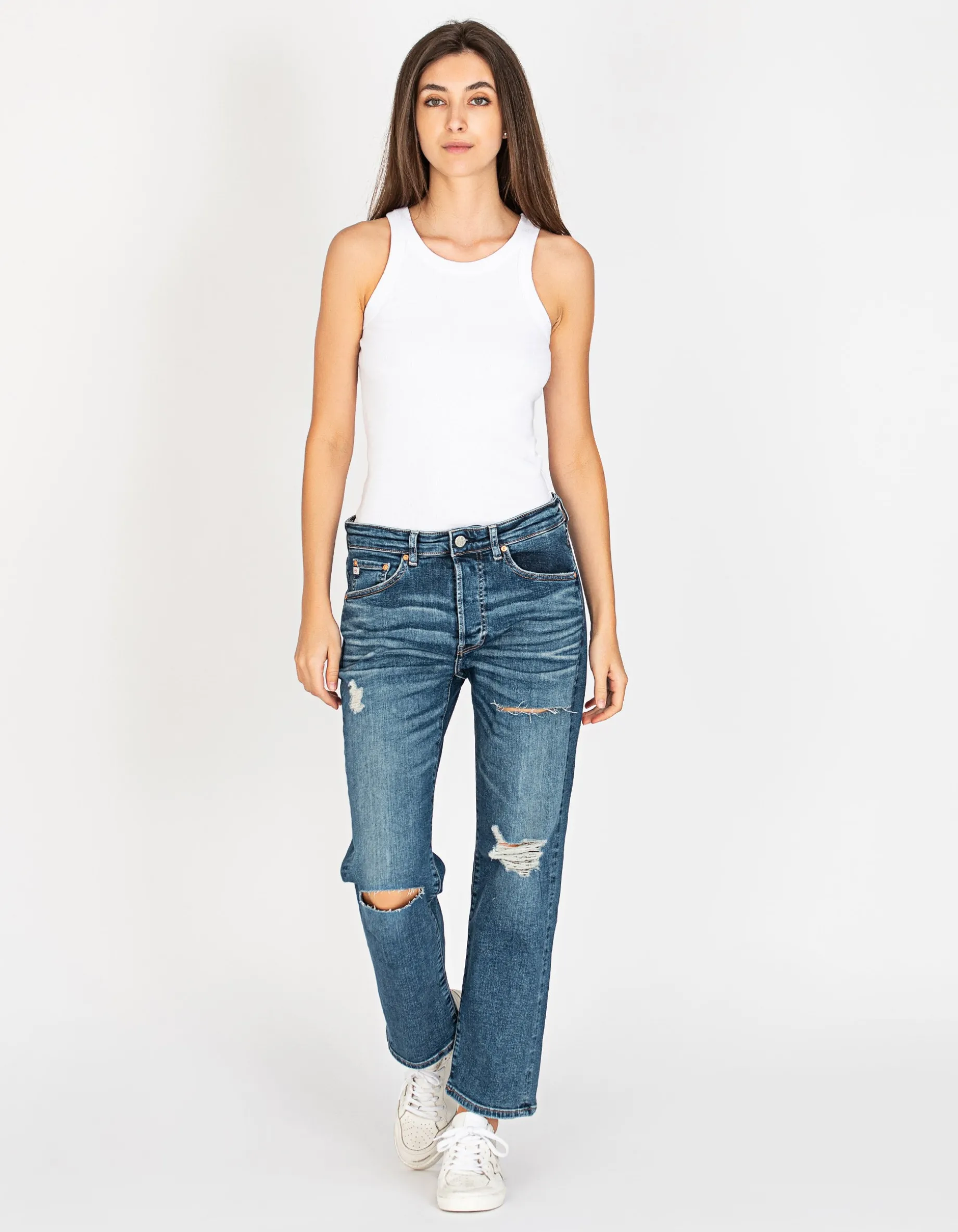 Destroyed Straight-Leg Jeans