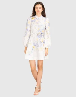 Florales Leinen-Kleid Crush mit Gürtel und dekorativen Knöpfen