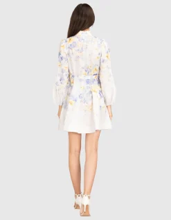 Florales Leinen-Kleid Crush mit Gürtel und dekorativen Knöpfen