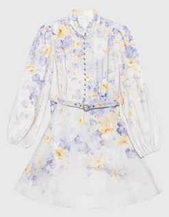 Florales Leinen-Kleid Crush mit Gürtel und dekorativen Knöpfen