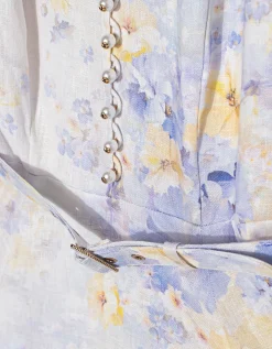 Florales Leinen-Kleid Crush mit Gürtel und dekorativen Knöpfen