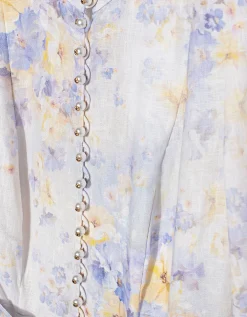 Florales Leinen-Kleid Crush mit Gürtel und dekorativen Knöpfen