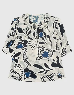 Gemusterte Kurzarm-Bluse mit Binde-Detail
