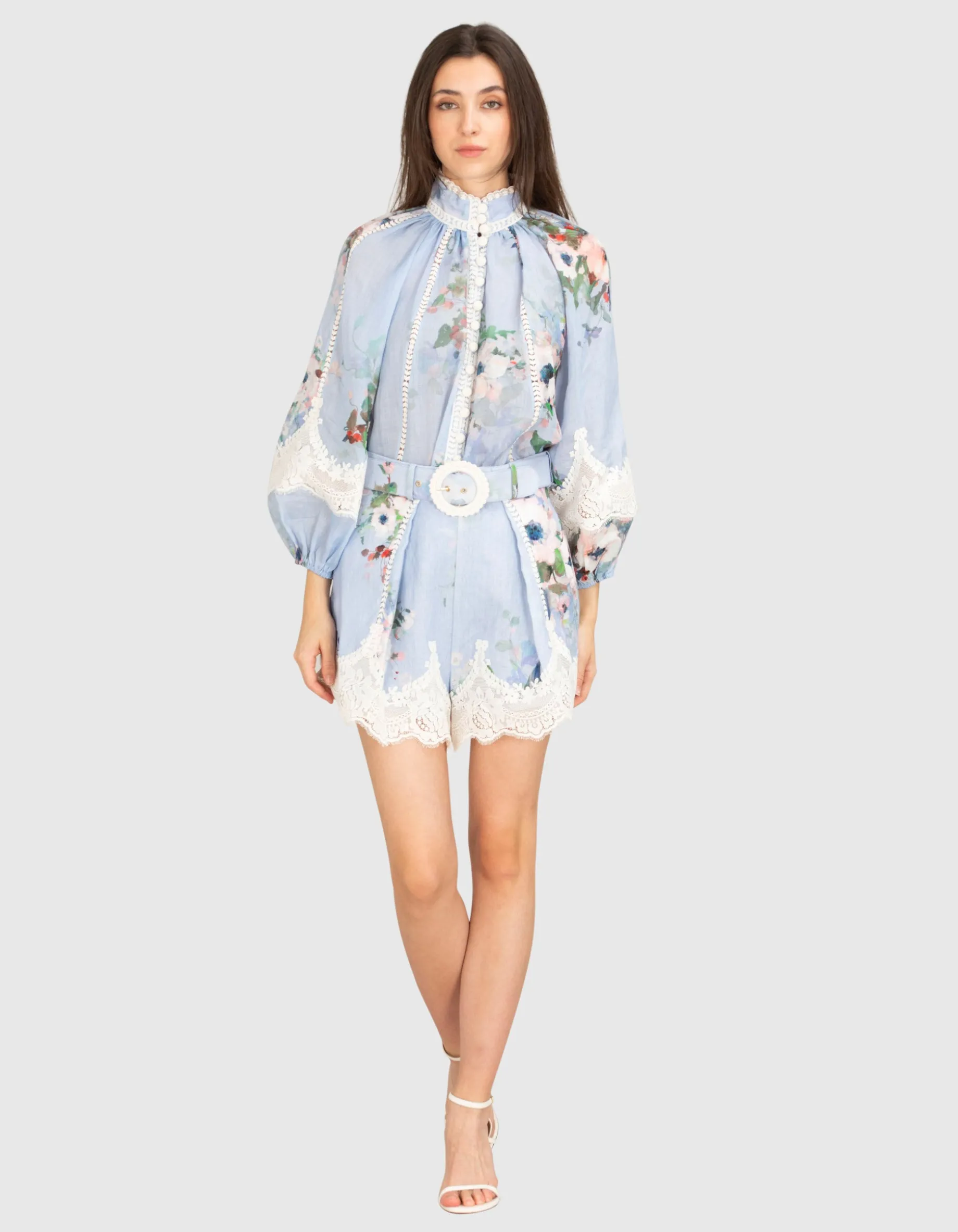 Gemusterte Leinen Shorts Everley mit Spitzen-Detail