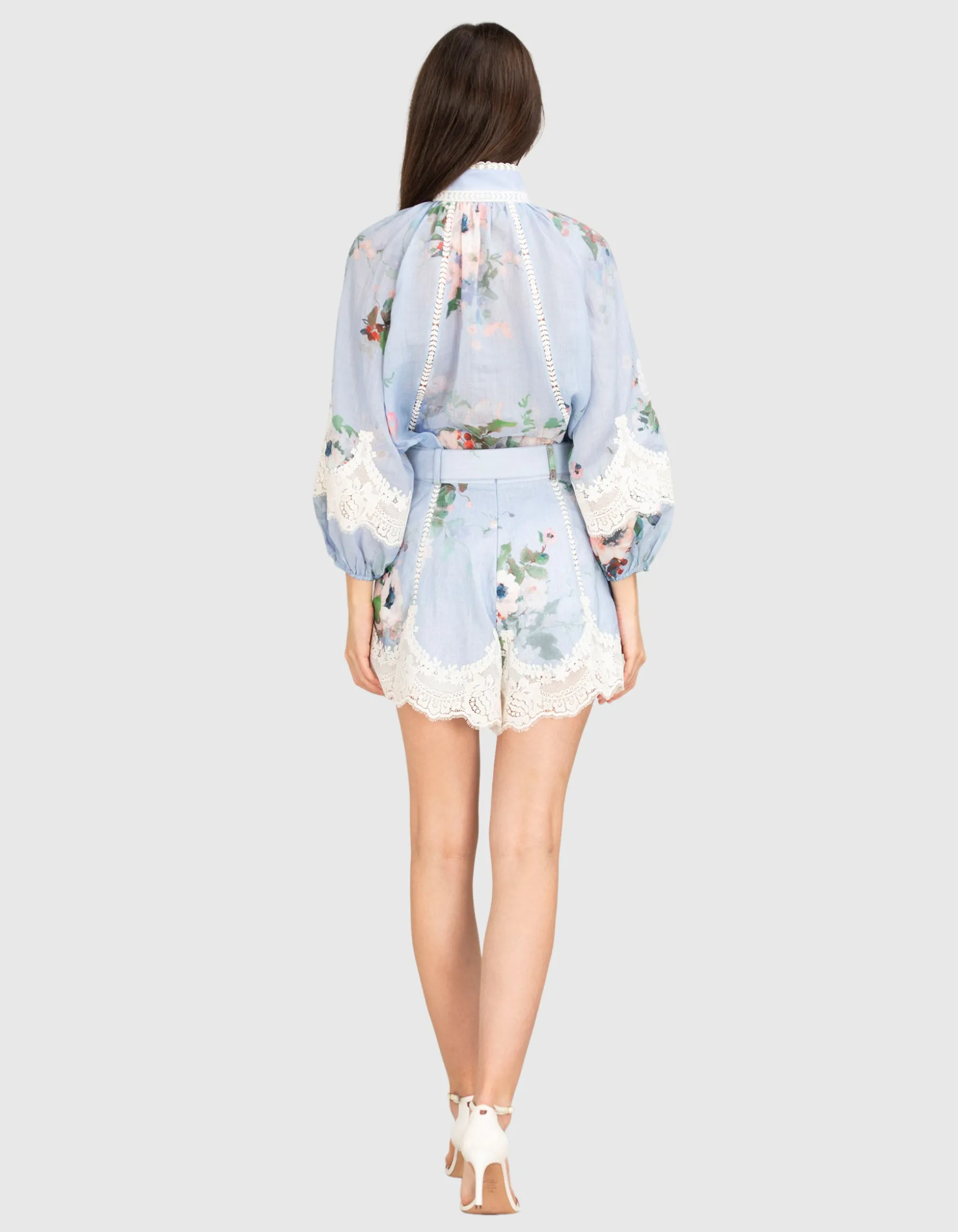 Gemusterte Leinen Shorts Everley mit Spitzen-Detail