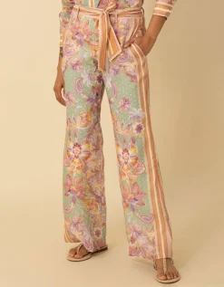 Gemusterte Leinen-Hose mit Bindegürtel