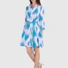 Gemustertes Leinen-Kleid Pear Ikat Petrol mit Bindegürtel