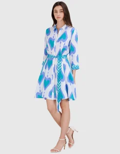 Gemustertes Leinen-Kleid Pear Ikat Petrol mit Bindegürtel
