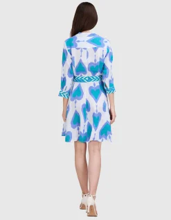 Gemustertes Leinen-Kleid Pear Ikat Petrol mit Bindegürtel