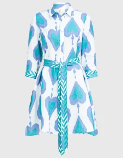 Gemustertes Leinen-Kleid Pear Ikat Petrol mit Bindegürtel