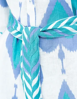 Gemustertes Leinen-Kleid Pear Ikat Petrol mit Bindegürtel