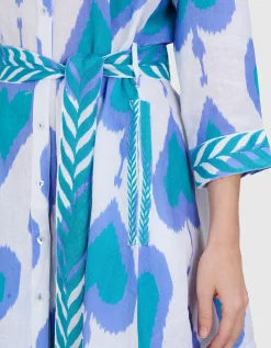 Gemustertes Leinen-Kleid Pear Ikat Petrol mit Bindegürtel