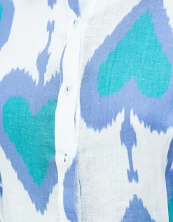 Gemustertes Leinen-Kleid Pear Ikat Petrol mit Bindegürtel