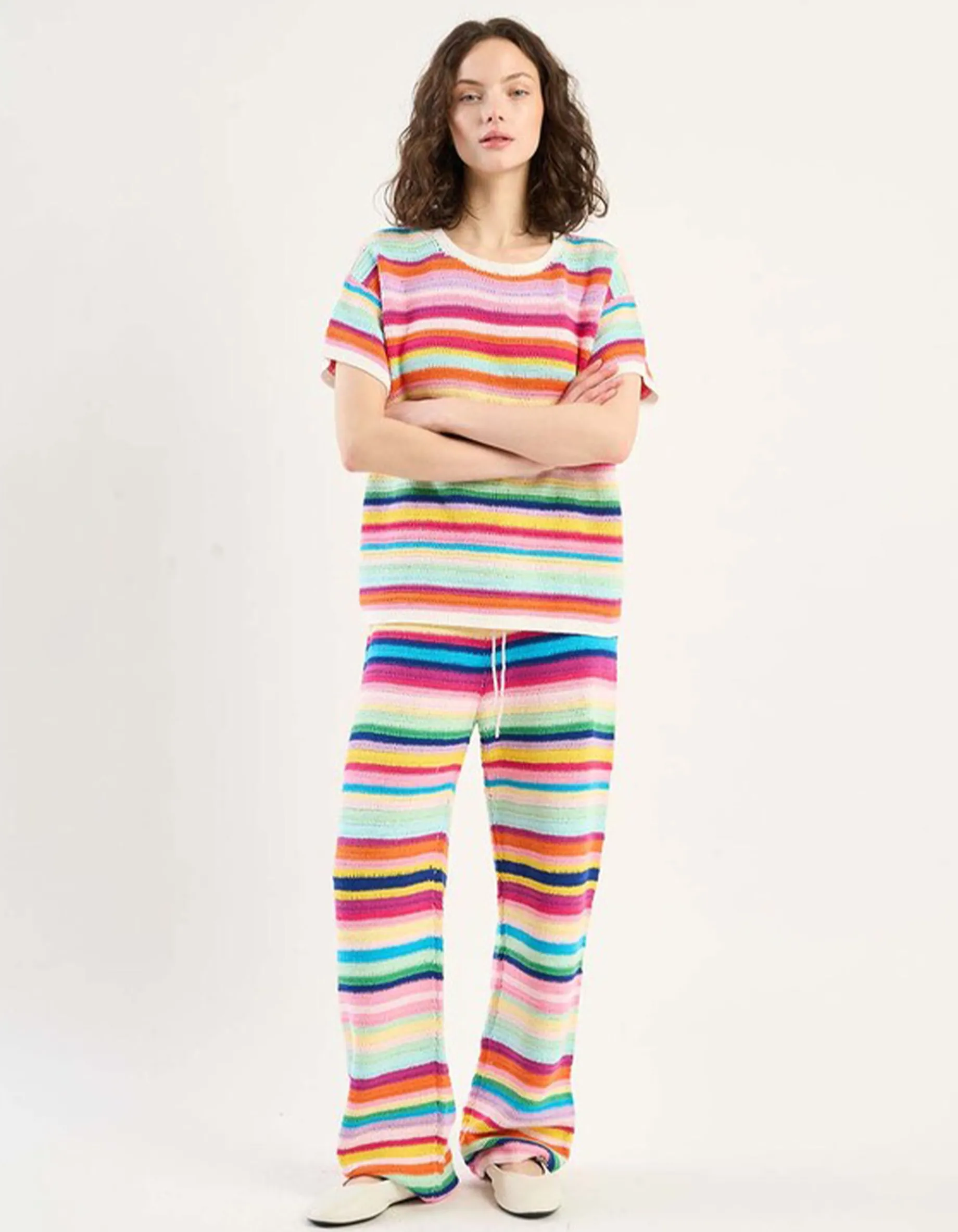 Gestreifte Straight-Leg Häkelhose
