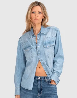 Jeans-Bluse mit offenem Saum