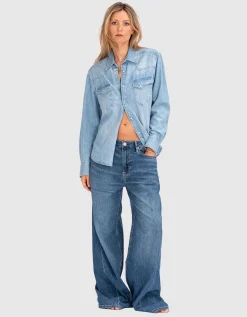 Jeans-Bluse mit offenem Saum