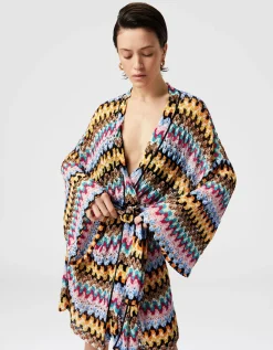 Kimono-Cover-up aus Lamé-Viskose-Spitze mit Bindegürtel