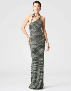 Langes One-Shoulder-Kleid aus Slub-Strick mit Pailletten