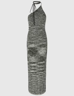 Langes One-Shoulder-Kleid aus Slub-Strick mit Pailletten