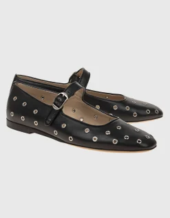 Leder-Ballerinas mit Metall-Ösen-Verzierung