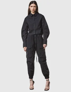Oversize Crop-Bluse mit gerafften Ärmeln