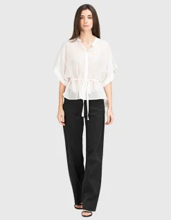 Oversize Kurzarm-Bluse mit Bindedetail
