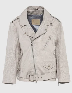 Oversize Lederjacke in Kroko-Optik