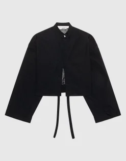 Oversize-Material Mix Crop Bluse mit dekorativem Knopf und Binde-Detail