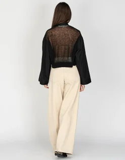 Oversize-Material Mix Crop Bluse mit dekorativem Knopf und Binde-Detail