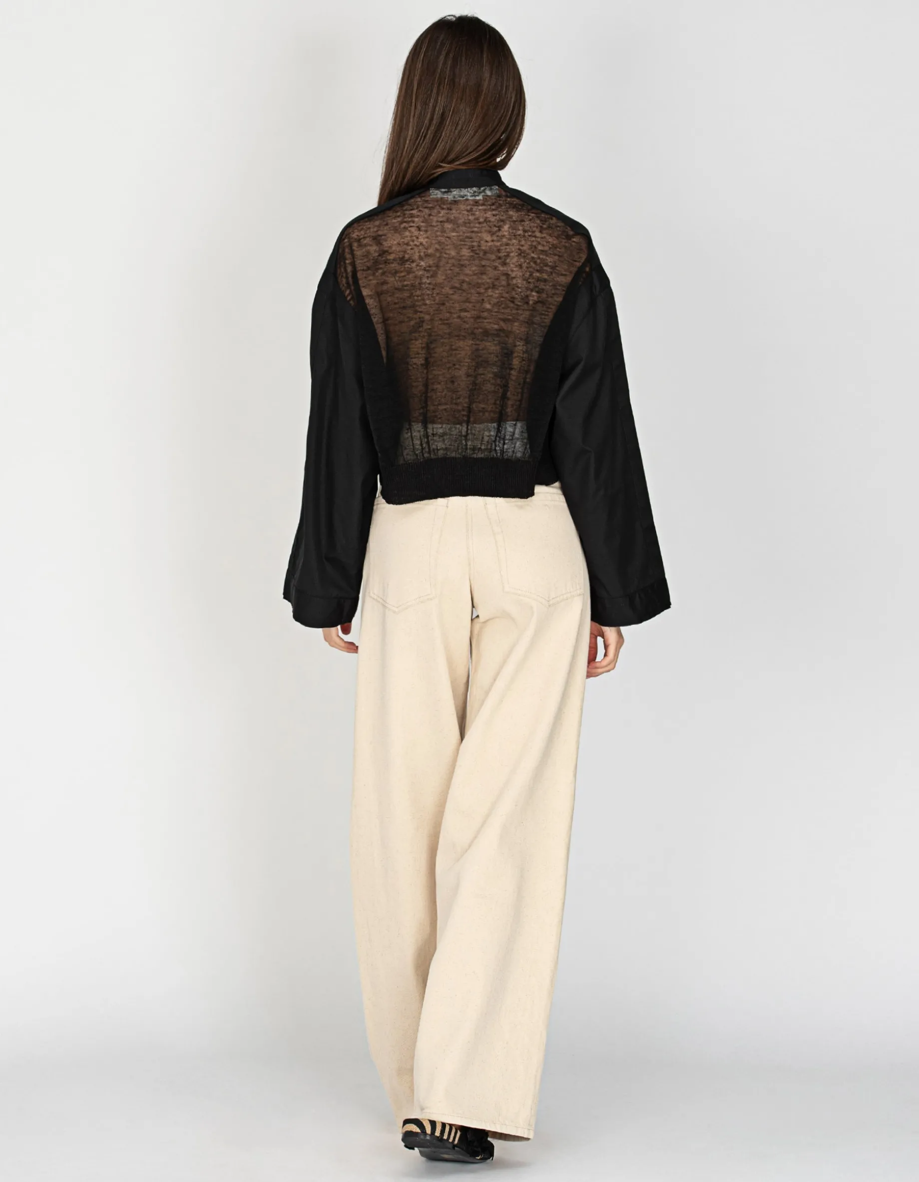 Oversize-Material Mix Crop Bluse mit dekorativem Knopf und Binde-Detail
