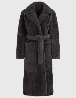 Schafleder-Shearling Mantel mit Bindegürtel