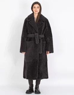Schafleder-Shearling Mantel mit Bindegürtel