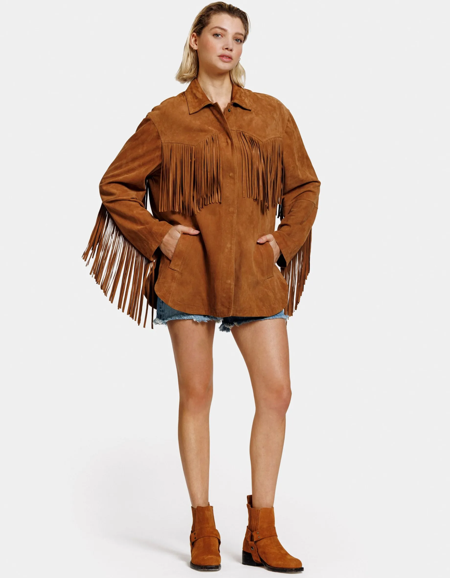 Veloursleder-Jacke Ginny mit Fransen-Details
