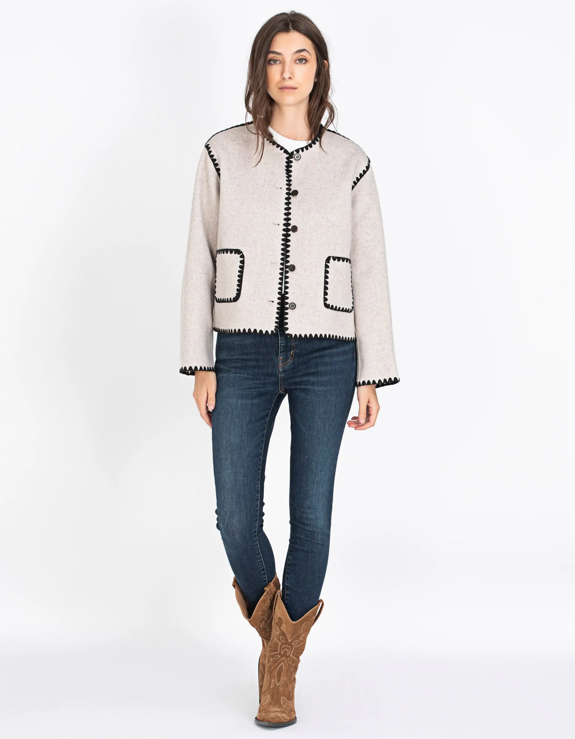 Woll-Mix Boxy-Jacke mit Ziernähten