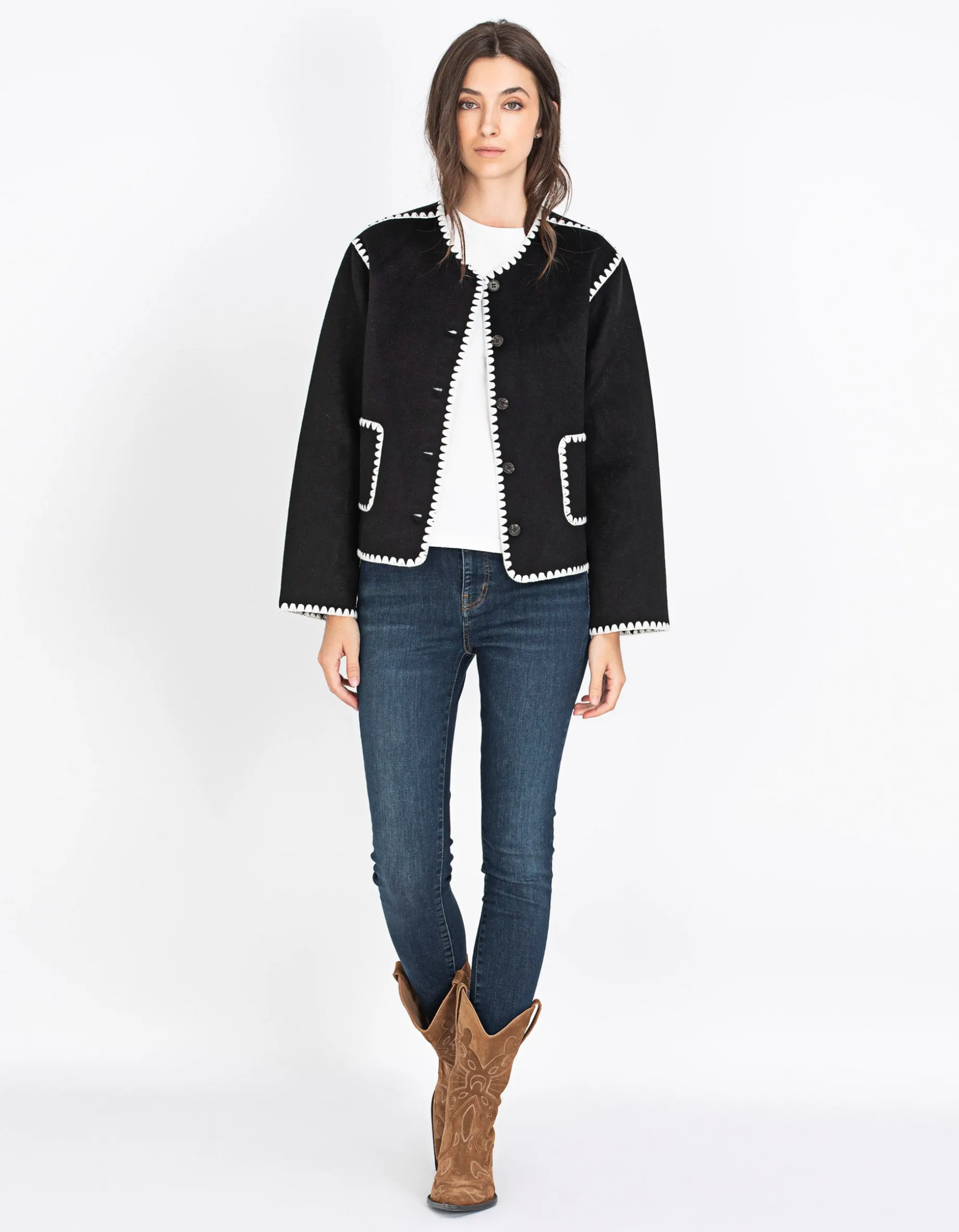 Woll-Mix Boxy-Jacke mit Ziernähten